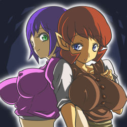Rule 34 | 2girls, anju, blue eyes, bombchu bowling alley operator, bombchu bowling girl, breasts, chris (mario), covered erect nipples, elf, extra, green eyes, large breasts, lowres, multiple girls, nintendo, pointy ears, purple hair, the legend of zelda, the legend of zelda: majora&#039;s mask, the legend of zelda: ocarina of time