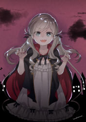 Rule 34 | 1girl, artist name, black cape, black ribbon, brown hair, cape, claw pose, cloud, cloudy sky, cowboy shot, dress, drill hair, fangs, frilled dress, frills, green eyes, grey dress, hair ribbon, halloween, hayase tsubame, long hair, medium dress, night, open mouth, original, purple sky, red cape, ribbon, signature, sky, smile, solo, twintails, two-sided cape, two-sided fabric, unohana tsukasa, wind