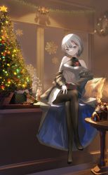 Rule 34 | 1girl, :|, absurdres, admiral graf spee (azur lane), alternate costume, azur lane, bare shoulders, black pantyhose, blue eyes, breasts, christmas ornaments, christmas present, christmas tree, closed mouth, crossed legs, dress, gift, halterneck, head tilt, highres, holding, holding gift, indoors, ka11 ca, looking at viewer, medium breasts, multicolored hair, no shoes, off shoulder, pantyhose, pillow, red hair, short hair, silver hair, sitting, solo, streaked hair, tinsel, toes, white dress, wreath