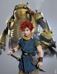 Rule 34 | 2boys, 3d, blue eyes, chrono, chrono trigger, frog, frog (chrono trigger), grey background, headband, highres, holding, holding sword, holding weapon, looking at viewer, looking up, mecha, multiple boys, open hand, orange eyes, raf grassetti, realistic, red hair, robo (chrono trigger), robot, sheath, sheathed, square enix, sword, v-shaped eyebrows, weapon, white headband
