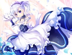 Rule 34 | 1girl, :o, apron, azur lane, belfast (azur lane), blue dress, blue flower, blush, braid, breasts, collarbone, commentary request, cup, dress, elbow gloves, flower, frilled apron, frills, gloves, hair between eyes, holding, holding tray, little bel (azur lane), maid, maid headdress, nanamomo rio, one side up, parted lips, petals, purple eyes, saucer, silver hair, sleeveless, sleeveless dress, small breasts, solo, teacup, teapot, tray, waist apron, white apron, white gloves