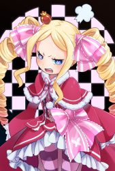 Rule 34 | 10s, 1girl, abiko yuuji, beatrice (re:zero), blonde hair, blue eyes, blush, bow, butterfly-shaped pupils, capelet, checkered background, crown, drill hair, fur-trimmed capelet, fur trim, hair bow, highres, horizontal-striped legwear, lolita fashion, long hair, long sleeves, looking at viewer, mini crown, open mouth, pantyhose, parted bangs, pink bow, pink pupils, pom pom (clothes), puff of air, re:zero kara hajimeru isekai seikatsu, red capelet, solo, striped bow, striped clothes, striped pantyhose, symbol-shaped pupils, teeth, twin drills, v-shaped eyebrows