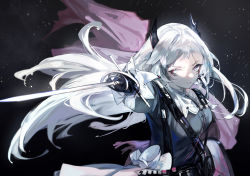 Rule 34 | 1girl, absurdres, ammunition belt, arknights, black background, black shirt, capelet, female focus, grey eyes, grey hair, head wings, highres, holding, holding weapon, irene (arknights), long hair, rapier, saitogiulio, scar, scar across eye, scar on face, shirt, solo, sword, upper body, weapon, white capelet, wings