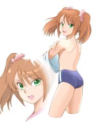 Rule 34 | 10s, 1boy, androgynous, ass, brown hair, buruma, cropped legs, crossdressing, ebi-rom, from behind, green eyes, idolmaster, idolmaster side-m, looking back, male focus, mizushima saki, open mouth, solo, trap, twintails, white background