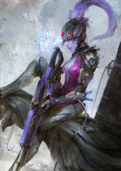 Rule 34 | 1girl, absurdres, bodysuit, breasts, cleavage, colored skin, from side, gun, head-mounted display, highres, holding, holding gun, holding weapon, long hair, medium breasts, nose, overwatch, overwatch 1, pink bodysuit, ponytail, profile, purple hair, purple lips, purple skin, sitting, solo, thedurianart, tracer (overwatch), weapon, widowmaker (overwatch), yellow eyes