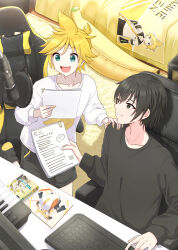Rule 34 | 2boys, absurdres, banana, bed, black eyes, black hair, black shirt, black shorts, black socks, blanket, blonde hair, carpet, chair, closed mouth, commentary, desk, food, food-themed pillow, fruit, gaming chair, green eyes, highres, holding, holding paper, indoors, instrument, itogari, kagamine len, kagamine rin, keyboard (computer), keyboard (instrument), long sleeves, looking at another, male focus, master (vocaloid), microphone, monitor, mouse (computer), mousepad (object), multiple boys, open mouth, paper, paperclip, shirt, shorts, sitting, smile, socks, swivel chair, vocaloid, white shirt