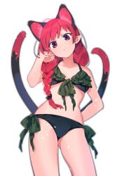 Rule 34 | 1girl, akagashi hagane, alternate hairstyle, animal ear fluff, animal ears, bare arms, bare shoulders, bikini, braid, cat ears, collarbone, commentary request, cowboy shot, frilled bikini, frills, front-tie bikini top, front-tie top, green bikini, hand in own hair, hand on own hip, hand up, head tilt, kaenbyou rin, light particles, long hair, looking at viewer, multiple tails, navel, nekomata, pointy ears, red eyes, red hair, side-tie bikini bottom, simple background, solo, standing, stomach, swimsuit, tail, thighs, touhou, two tails, white background
