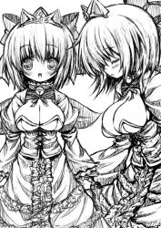 Rule 34 | 1girl, 2-g, bad id, bad pixiv id, bell, neck bell, blush, breasts, cleavage, collar, dress, closed eyes, greyscale, jingle bell, large breasts, monochrome, short hair, tiara