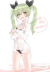 Rule 34 | 10s, 1girl, absurdres, anchovy (girls und panzer), barefoot, black bra, black panties, black ribbon, blush, bra, breasts, cleavage, commentary request, covering privates, covering breasts, dress shirt, drill hair, full body, girls und panzer, green hair, hair ribbon, highres, kneeling, long hair, long sleeves, looking at viewer, medium breasts, no pants, one-hour drawing challenge, open mouth, panties, red eyes, ribbon, shignonpencil, shirt, solo, twin drills, twintails, twitter username, underwear, white shirt, wing collar