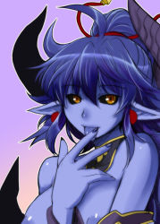 Rule 34 | 1girl, asmodeus (shinrabanshou), badhand, black sclera, blue hair, blue skin, breasts, colored sclera, colored skin, demon girl, highres, horns, large breasts, long hair, nipples, pointy ears, shinrabanshou, solo, tongue, tongue out, wings, yellow eyes
