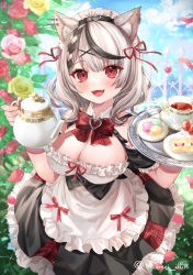 Rule 34 | 1girl, :d, absurdres, animal ear fluff, animal ears, apron, black dress, black hair, black hairband, blush, bow, bowtie, braid, breasts, cake, cake slice, cat ears, cup, dress, ear piercing, fang, flower, food, frilled apron, frilled dress, frilled sleeves, frills, grey hair, hair ornament, hairband, highres, holding, holding teapot, holding tray, hololive, kebaboishii, large breasts, looking at viewer, multicolored hair, open mouth, petals, piercing, pink flower, pink rose, plate, red bow, red bowtie, red eyes, red flower, red ribbon, red rose, ribbon, rose, sakamata chloe, saucer, short sleeves, smile, solo, standing, strawberry shortcake, streaked hair, tea, teacup, teapot, tray, twitter username, virtual youtuber, white apron, x hair ornament