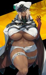 Rule 34 | 1girl, absurdres, bandaged arm, bandages, blonde hair, breasts, brown eyes, covered erect nipples, dark-skinned female, dark skin, elbow gloves, expressionless, female focus, fingerless gloves, gloves, guilty gear, guilty gear strive, hat, highres, huge breasts, large breasts, looking at viewer, medium hair, nipples, ramlethal valentine, shorts, sinensian, solo, thick thighs, thighs, white gloves
