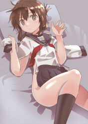 Rule 34 | 1girl, black sailor collar, black skirt, black socks, brown eyes, brown hair, clothes in front, unworn clothes, commentary request, feet out of frame, folded ponytail, haida katsuretsu, highres, inazuma (kancolle), kantai collection, kneehighs, long hair, long sleeves, lying, neckerchief, nude, pillow, pleated skirt, red neckerchief, sailor collar, school uniform, serafuku, skirt, socks, solo