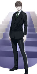 Rule 34 | 1boy, black footwear, black jacket, black pants, brown hair, character request, closed mouth, collared shirt, commentary, copyright request, foot out of frame, formal, green eyes, green necktie, highres, jacket, long sleeves, looking at viewer, male focus, necktie, nyoro (nyoronyoro000), pants, red pupils, shirt, solo, stairs, standing, suit, white shirt