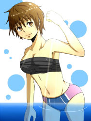 Rule 34 | 1girl, artist request, bad id, bad pixiv id, bandages, bare shoulders, blue male swimwear, blue swim briefs, breasts, brown hair, character request, cleavage, copyright request, female focus, large breasts, male swimwear, midriff, multicolored clothes, multicolored male swimwear, multicolored swim briefs, multicolored swimsuit, pink swim briefs, short hair, solo, swim briefs, swimsuit, tomboy