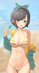 Rule 34 | 1girl, :d, absurdres, arm at side, beach, bikini, blurry, blurry background, blush, bow hairband, breasts, brown hair, cleavage, cowboy shot, day, fang, food, green eyes, green jacket, hairband, halterneck, hand up, highres, holding, hololive, jacket, large breasts, navel, off shoulder, oozora subaru, oozora subaru (hololive summer 2019), open clothes, open jacket, open mouth, outdoors, polka dot hairband, popsicle, revision, short hair, sidelocks, smile, solo, stomach, string bikini, striped bikini, striped clothes, sunlight, swept bangs, swimsuit, thigh gap, three twosix, two-tone bikini, virtual youtuber