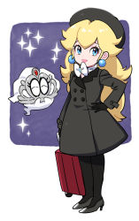 Rule 34 | 2girls, ^ ^, beret, black coat, black footwear, black gloves, black headwear, black legwear, blonde hair, blue eyes, bow, bridal veil, buttons, closed eyes, closed mouth, coat, coat dress, dede (qwea 00000), dot nose, earrings, eyelashes, full body, ghost, ghost tail, gloves, hand on own hip, happy, hat, high heels, highres, jewelry, legs together, lips, long hair, long sleeves, looking at viewer, luggage, mario (series), multiple girls, nintendo, pantyhose, pink lips, princess peach, purple background, rolling suitcase, scarf, scarf bow, smile, sparkle, standing, suitcase, super mario odyssey, thick lips, tiara (mario), veil, white background, white scarf, winter clothes
