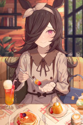 Rule 34 | 1girl, animal ears, bag, blurry, blurry background, blush, booth seating, bow hairband, brown dress, brown hair, closed mouth, cup, depth of field, dress, food, fork, hair over one eye, hairband, handbag, highres, holding, holding spoon, horse ears, incoming food, kuroko1604, long hair, long sleeves, neck ribbon, pancake, pink eyes, plant, plate, potted plant, pudding, raised eyebrows, ribbon, rice shower (umamusume), sitting, smile, solo, spoon, table, umamusume, window