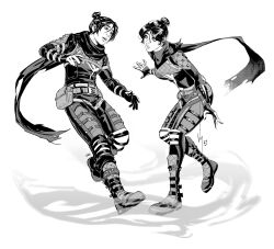Rule 34 | 2girls, apex legends, artist name, belt, bodysuit, boots, collaboration, commentary, dual persona, english commentary, full body, gloves, greyscale, hair behind ear, hair bun, highres, jelart, leaning back, leaning forward, monochrome, multiple girls, open hands, open mouth, parted bangs, parted lips, pouch, scarf, single hair bun, surprised, vontvirus, western comics (style), white background, wraith (apex legends)