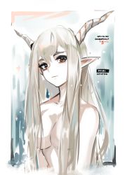 Rule 34 | 1girl, arknights, breasts, character name, cleavage, dated, deel (rkeg), hair censor, highres, horns, large breasts, long hair, looking at viewer, nude, one-hour drawing challenge, pointy ears, red eyes, shining (arknights), sidelocks, smile, solo, upper body, white hair