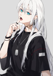 Rule 34 | 1girl, aqua eyes, black choker, black nails, black shirt, black wristband, choker, commentary, dog tags, ear piercing, earrings, grey background, hair between eyes, hair over shoulder, hand up, highres, index finger raised, jewelry, long hair, looking at viewer, multiple rings, necklace, open mouth, original, piercing, ring, shirt, short sleeves, simple background, solo, t-shirt, teeth, tongue, twitter username, white hair, wristband, yagi (shiro yagi)