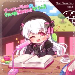 Rule 34 | 1girl, ;d, beret, black bow, black dress, black gloves, black hat, blush, book, bow, commentary request, cup, doll joints, dotted line, dress, earbuds, earphones, elbow gloves, fate/extra, fate (series), food, frilled sleeves, frills, gloves, hair between eyes, hair bow, hand up, hat, highres, joints, long hair, looking at viewer, macaron, microphone, mushroom, nursery rhyme (fate), one eye closed, open book, open mouth, pink eyes, plate, puffy short sleeves, puffy sleeves, saucer, short sleeves, smile, solo, sparkle, steam, striped bow, table, tea, teacup, translation request, very long hair, white hair, yuya090602