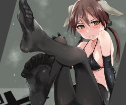 Rule 34 | 1girl, animal ears, aohashi ame, bikini, black bikini, black gloves, black pantyhose, blush, breasts, brown eyes, brown hair, collarbone, dog ears, elbow gloves, feet, gertrud barkhorn, gloves, hair ribbon, large breasts, looking at viewer, pantyhose, parted lips, ribbon, shiny skin, solo, strike witches, swimsuit, tears, twintails, world witches series