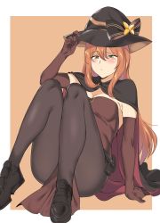 Rule 34 | 1girl, absurdres, arm support, black pantyhose, blush, bow, cape, dress, elbow gloves, full body, girls&#039; frontline, gloves, green eyes, hat, hat bow, highres, loafers, long hair, official alternate costume, orange hair, pantyhose, pelvic curtain, pouch, shoes, sitting, solo, springfield (classic witch) (girls&#039; frontline), springfield (girls&#039; frontline), strapless, strapless dress, urec, witch, witch hat