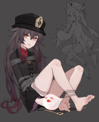 Rule 34 | 1girl, absurdres, barefoot, blush, bound, bound ankles, brown hair, closed mouth, feet, genshin impact, ghost, grey background, hair between eyes, hat, highres, hu tao (genshin impact), huge filesize, lan mao akko, long hair, long sleeves, restrained, ribbon, shorts, simple background, soles, tied up (nonsexual), toes, tongue, tongue out, twintails, very long hair, wide sleeves