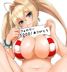 Rule 34 | 10s, 1girl, ahoge, bad id, bad twitter id, bare arms, bare legs, bare shoulders, bikini, blonde hair, bracelet, breasts, cleavage, closed mouth, cocq taichou, commentary request, criss-cross halter, earrings, eyelashes, fate/extra, fate/grand order, fate (series), fingernails, green eyes, hair between eyes, hair intakes, halterneck, hands up, head tilt, holding, jewelry, knees up, large breasts, long fingernails, long hair, looking at viewer, nail polish, navel, nero claudius (fate), nero claudius (fate) (all), nero claudius (swimsuit caster) (fate), pink lips, pink nails, sidelocks, simple background, skindentation, smile, solo, spread legs, stomach, striped bikini, striped clothes, sweat, swimsuit, thank you, translated, twintails, underboob, upper body, white background