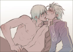 Rule 34 | 00s, 2boys, blush, capcom, dante (devil may cry), devil may cry (series), closed eyes, incest, male focus, multiple boys, nipples, siblings, sweat, tongue, topless male, twins, vergil (devil may cry), white background, white hair, yaoi