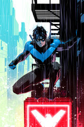 Rule 34 | 1boy, batman (series), black bodysuit, black hair, blue bodysuit, bodysuit, city, cityscape, clenched hands, closed mouth, commentary, dan mora, dc comics, dick grayson, domino mask, english commentary, facing viewer, highres, male focus, mask, muscular, muscular male, nightwing, outdoors, rain, short hair, solo, squatting, two-tone bodysuit, very short hair, weapon, weapon on back, white eyes