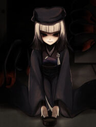 Rule 34 | 1girl, absurdres, black headwear, black kimono, chajinbou, closed mouth, colored tips, cup, dark background, fate/grand order, fate (series), full body, highres, indoors, japanese clothes, kimono, long sleeves, looking at viewer, multicolored hair, red eyes, seiza, sen no rikyu (fate), shaded face, sitting, smile, solo, tatami, ura (hamburg oniku), white hair, wide sleeves