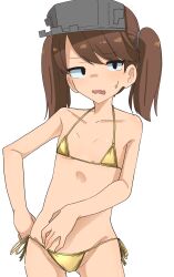 Rule 34 | 1girl, absurdres, bikini, black eyes, breasts, brown hair, fang, hair between eyes, highres, kantai collection, looking at viewer, micro bikini, nozea, open mouth, ryuujou (kancolle), side-tie bikini bottom, simple background, skin fang, small breasts, solo, sweat, swimsuit, twintails, visor cap, white background, yellow bikini