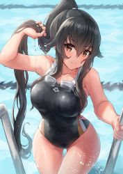 Rule 34 | 1girl, black hair, breasts, brown eyes, closed mouth, competition swimsuit, goggles, goggles around neck, hair between eyes, hair flaps, highres, holding, holding own hair, k jie, kantai collection, large breasts, long hair, looking at viewer, one-piece swimsuit, ponytail, pool, pool ladder, sidelocks, solo, swimsuit, very long hair, water, water drop, wet, wet clothes, wet hair, wet swimsuit, yahagi (kancolle)