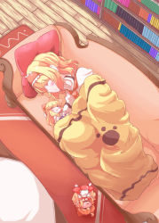 Rule 34 | 1girl, alice margatroid, blonde hair, blush, brown eyes, couch, doll, drooling, closed eyes, female focus, hairband, hourai doll, lying, mintmochi (artist), mochinabe, paw print, pillow, shanghai doll, short hair, sleeping, solo, touhou, under covers