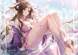 Rule 34 | 1girl, breasts, brown hair, bug, butterfly, cain art811, flower, highres, insect, jewelry, large breasts, original, parted hair, pink eyes, sky, tagme, water, wet