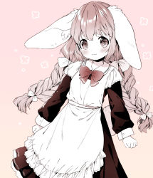 Rule 34 | 1girl, animal ears, apron, blush, bow, bowtie, braid, commentary request, cowboy shot, dress, gradient background, hair bow, highres, long hair, long sleeves, maid, maid apron, monochrome, mutou mato, original, smile, solo, twin braids
