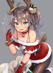 Rule 34 | 1girl, :d, afterimage, ahoge, animal ears, antlers, ayaoshiro, bare shoulders, blush, box, brown hair, brown pantyhose, cat hair ornament, commentary request, deer ears, deer tail, dress, fake animal ears, fake antlers, fur-trimmed dress, fur trim, gift, gift box, gloves, green eyes, grey background, hair between eyes, hair ornament, hand up, highres, hololive, horns, long hair, natsuiro matsuri, off-shoulder dress, off shoulder, open mouth, pantyhose, pointing, pointing at self, red dress, red gloves, reindeer antlers, sack, short sleeves, side ponytail, simple background, smile, solo, tail, tail wagging, translation request, virtual youtuber