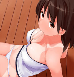 Rule 34 | 1girl, arm support, bare shoulders, breasts, brown eyes, brown hair, cameltoe, cleavage, cleft of venus, covered erect nipples, fellatio, food, from above, kaisen chuui, large breasts, leaning back, looking at viewer, lowleg, lowleg panties, mouth hold, one-piece tan, oral, original, panties, popsicle, sitting, solo, strapless, tan, tanline, tube top, underwear, wooden floor