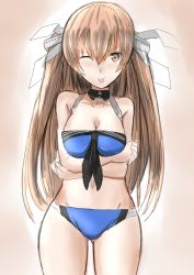 Rule 34 | 1girl, bikini, blue bikini, breasts, brown eyes, cleavage, cowboy shot, crossed arms, front-tie top, gluteal fold, gradient background, highres, johnston (kancolle), kamaboko senshi, kantai collection, light brown hair, long hair, looking at viewer, medium breasts, pink background, solo, standing, swimsuit, two side up