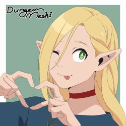 Rule 34 | 1girl, :p, blonde hair, blue cape, bright pupils, cape, choker, copyright name, dungeon meshi, elf, green background, green eyes, hair between eyes, heart, heart hands, highres, long hair, looking up, marcille donato, one eye closed, pointy ears, red choker, solo, tongue, tongue out, upper body, white pupils, yuuta (yuuta0312)