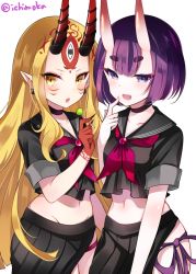 Rule 34 | 2girls, :d, :o, alternate costume, bad id, bad pixiv id, black choker, black serafuku, black shirt, black skirt, blonde hair, blush, breasts, candy, choker, collarbone, crop top, earrings, facial mark, fang, fate/grand order, fate (series), finger to mouth, food, forehead mark, groin, holding, holding candy, holding food, holding lollipop, horns, ibaraki douji (fate), ichiyou moka, jewelry, lollipop, long hair, looking at viewer, medium breasts, midriff, minamoto no raikou (swimsuit lancer) (second ascension) (fate), multiple girls, navel, neckerchief, oni, open mouth, parted lips, pleated skirt, pointy ears, purple eyes, purple hair, purple neckerchief, school uniform, serafuku, shirt, short sleeves, shuten douji (fate), sidelocks, simple background, skin-covered horns, skirt, smile, thick eyebrows, twitter username, very long hair, white background, yellow eyes