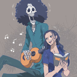 Rule 34 | +++, 1boy, 1girl, afro, blue shirt, book, brook (one piece), collared shirt, commentary request, hair slicked back, highres, holding, holding book, holding instrument, instrument, laughing, long hair, looking at another, looking up, musical note, nico robin, one piece, shirt, sidelocks, sitting, smile, teeth, tomatop, ukulele, upper teeth only