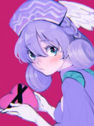 Rule 34 | 1girl, :/, bad id, bad twitter id, blue eyes, blush, box, braid, closed mouth, colored eyelashes, curly hair, feathered wings, gloves, hat, head wings, heart, heart-shaped box, holding, looking at viewer, medium hair, melia antiqua, nintendo, pink background, purple hair, purple hat, shiomi (lowrise), solo, upper body, white gloves, white wings, wings, xenoblade chronicles (series), xenoblade chronicles 1