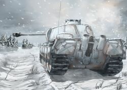 Rule 34 | absurdres, blizzard, cannon, caterpillar tracks, dirty, exhaust pipe, forest, grass, highres, military, military vehicle, motor vehicle, nature, panther (tank), panzerboy, panther (tank), pine tree, radio antenna, real life, road, scenery, smoke, snow, tank, tree, turret, world war ii
