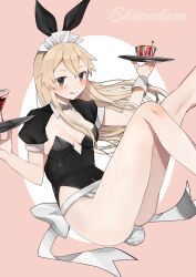 Rule 34 | 1girl, :d, alternate costume, black ribbon, blonde hair, breasts, character name, cleavage, detached collar, enmaided, fake tail, feet out of frame, grey eyes, hair ribbon, highres, holding, holding tray, kantai collection, leotard, long hair, maid, open mouth, playboy bunny, rabbit tail, ribbon, shimakaze (kancolle), small breasts, smile, solo, tail, toriniku senshi chikinman, tray, wrist cuffs