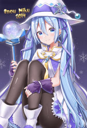Rule 34 | 1girl, absurdres, black pantyhose, blue eyes, blue hair, blue ribbon, blue skirt, boots, bow, character name, cloak, commentary, english commentary, fingerless gloves, gloves, gold trim, hair ribbon, hat, hat bow, hatsune miku, highres, holding, holding wand, hugging own legs, large hat, light blue hair, long hair, looking at viewer, necktie, night, pantyhose, purple gloves, ribbon, shirt, sitting, skirt, sky, sleeveless, sleeveless shirt, smile, snow globe, snowflake print, snowflakes, solo, star (sky), starry sky, treble clef, tsukiringo, twintails, very long hair, vocaloid, wand, white cloak, white footwear, white hat, white shirt, witch hat, yellow necktie, yuki miku, yuki miku (2014)