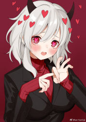 Rule 34 | 1girl, black horns, black jacket, blazer, blush, breasts, chinese commentary, commentary request, demon girl, demon horns, haijin, hair between eyes, heart, heart-shaped pupils, helltaker, horns, jacket, large breasts, long sleeves, looking at viewer, medium hair, modeus (helltaker), open mouth, penetration gesture, red background, red eyes, red sweater, ribbed sweater, simple background, sleeves past wrists, solo, sweatdrop, sweater, symbol-shaped pupils, turtleneck, upper body, weibo watermark, white hair