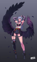Rule 34 | 1girl, armpits, arms up, asymmetrical clothes, asymmetrical footwear, bird wings, black bra, black panties, black wings, boots, bra, breasts, cleavage, collarbone, detached sleeves, feathers, garter straps, grey background, grey eyes, highres, jjune, lace, lace-trimmed bra, lace-trimmed panties, lace trim, large breasts, long hair, looking at viewer, mismatched footwear, open clothes, open vest, original, panties, revealing clothes, silver hair, single thighhigh, solo, thigh strap, thighhighs, underwear, very long hair, vest, wings, zettai ryouiki